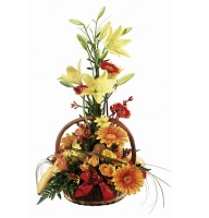 Arrangement of mixed flowers and fruits
