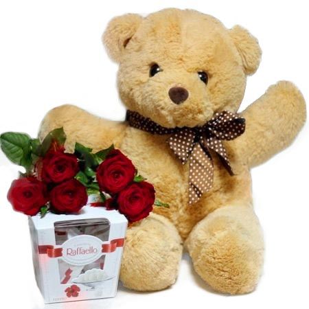 Product 5 roses + teddy bear + Raffaello