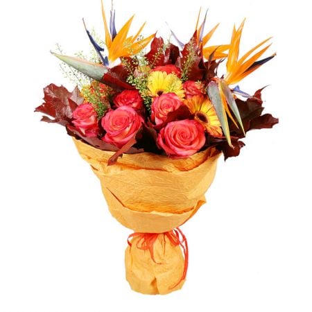 boquet Gold in Fall, autumn bouquet, yellow bouquet, bouquet of roses and gerberas